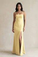Spaghetti Straps Sheath Stain Bridesmaid Dress With Slit in Pastel Yellow - KISS BRIDAL Bridesmaid Dresses
