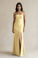 Spaghetti Straps Sheath Stain Bridesmaid Dress With Slit in Pastel Yellow - KISS BRIDAL Bridesmaid Dresses