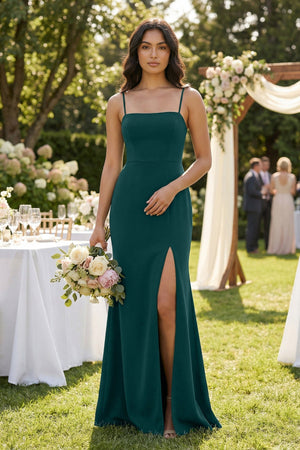 Spaghetti Straps Sheath Stain Bridesmaid Dress With Slit in Pine - KISS BRIDAL Bridesmaid Dresses