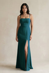 Spaghetti Straps Sheath Stain Bridesmaid Dress With Slit in Pine - KISS BRIDAL Bridesmaid Dresses