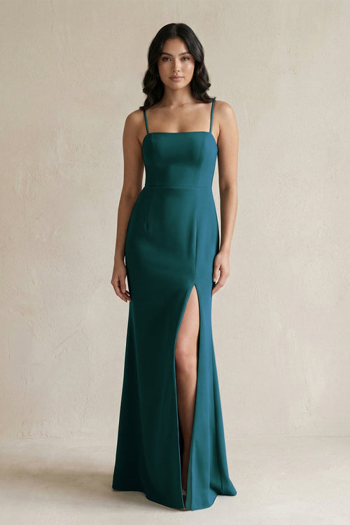 Spaghetti Straps Sheath Stain Bridesmaid Dress With Slit in Pine - KISS BRIDAL Bridesmaid Dresses