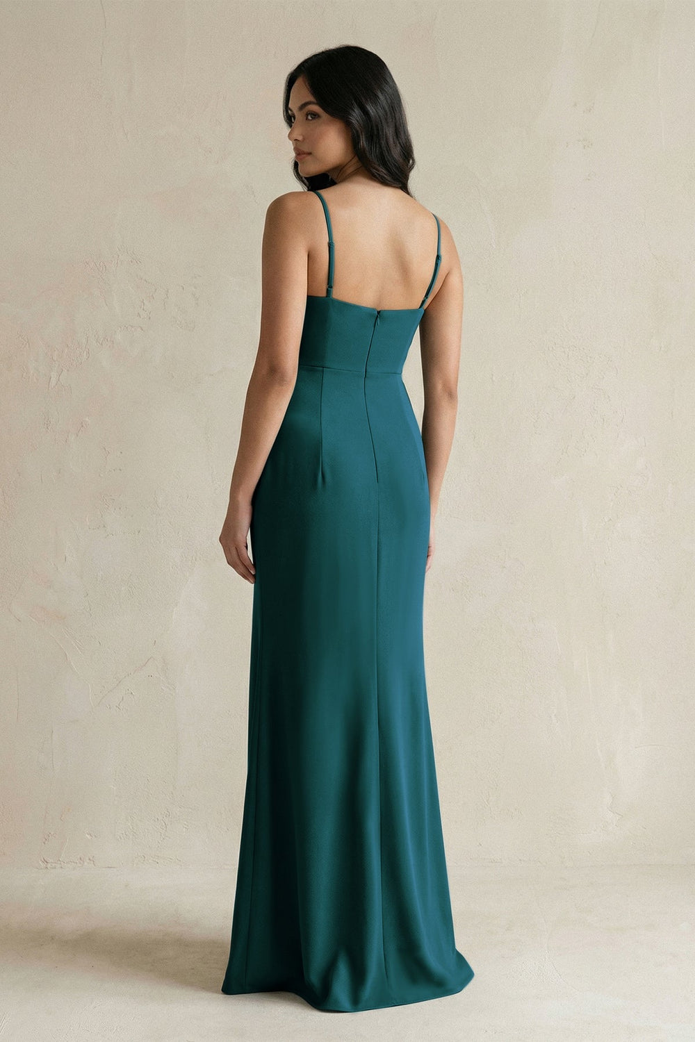 Spaghetti Straps Sheath Stain Bridesmaid Dress With Slit in Pine - KISS BRIDAL Bridesmaid Dresses