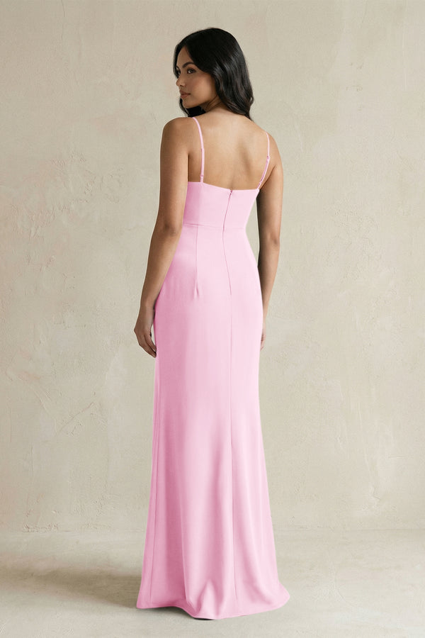 Spaghetti Straps Sheath Stain Bridesmaid Dress With Slit in Pink - KISS BRIDAL Bridesmaid Dresses
