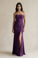 Spaghetti Straps Sheath Stain Bridesmaid Dress With Slit in Plum - KISS BRIDAL Bridesmaid Dresses