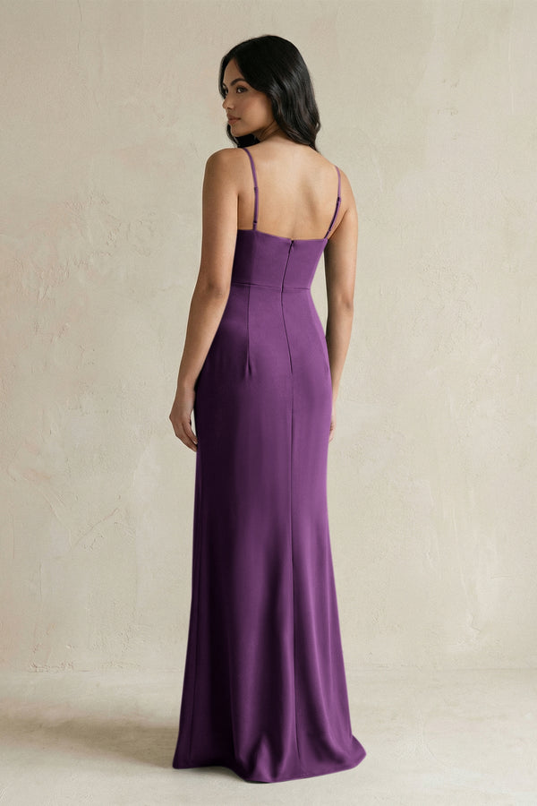 Spaghetti Straps Sheath Stain Bridesmaid Dress With Slit in Plum - KISS BRIDAL Bridesmaid Dresses