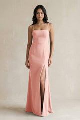 Spaghetti Straps Sheath Stain Bridesmaid Dress With Slit in Rose Petal - KISS BRIDAL Bridesmaid Dresses