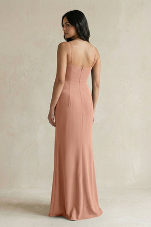 Spaghetti Straps Sheath Stain Bridesmaid Dress With Slit in Rosette - KISS BRIDAL Bridesmaid Dresses