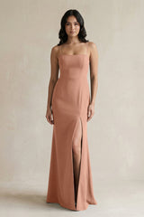 Spaghetti Straps Sheath Stain Bridesmaid Dress With Slit in Rosette - KISS BRIDAL Bridesmaid Dresses