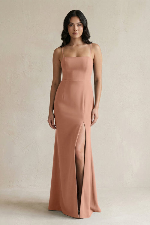 Spaghetti Straps Sheath Stain Bridesmaid Dress With Slit in Rosette - KISS BRIDAL Bridesmaid Dresses