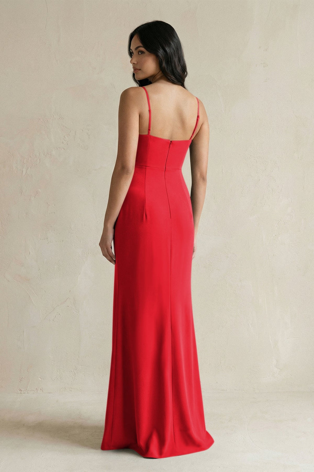 Spaghetti Straps Sheath Stain Bridesmaid Dress With Slit in Ruby Red - KISS BRIDAL Bridesmaid Dresses