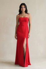 Spaghetti Straps Sheath Stain Bridesmaid Dress With Slit in Ruby Red - KISS BRIDAL Bridesmaid Dresses