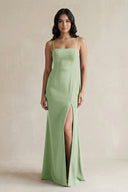 Spaghetti Straps Sheath Stain Bridesmaid Dress With Slit in Sage - KISS BRIDAL Bridesmaid Dresses