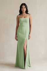 Spaghetti Straps Sheath Stain Bridesmaid Dress With Slit in Sage - KISS BRIDAL Bridesmaid Dresses