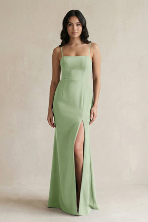 Spaghetti Straps Sheath Stain Bridesmaid Dress With Slit in Sage - KISS BRIDAL Bridesmaid Dresses