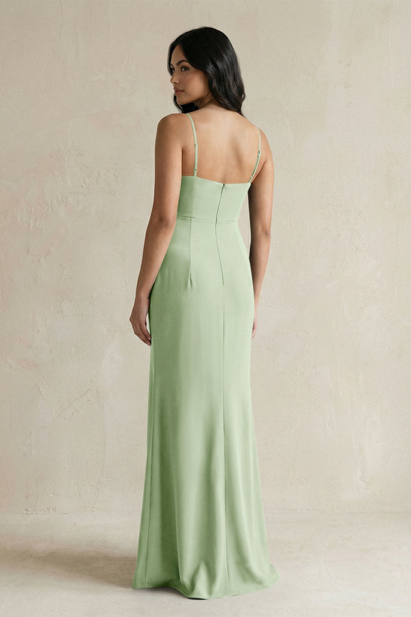 Spaghetti Straps Sheath Stain Bridesmaid Dress With Slit in Sage - KISS BRIDAL Bridesmaid Dresses