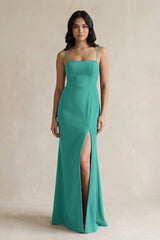 Spaghetti Straps Sheath Stain Bridesmaid Dress With Slit in Sea Glass - KISS BRIDAL Bridesmaid Dresses