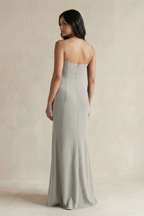 Spaghetti Straps Sheath Stain Bridesmaid Dress With Slit in Silver - KISS BRIDAL Bridesmaid Dresses