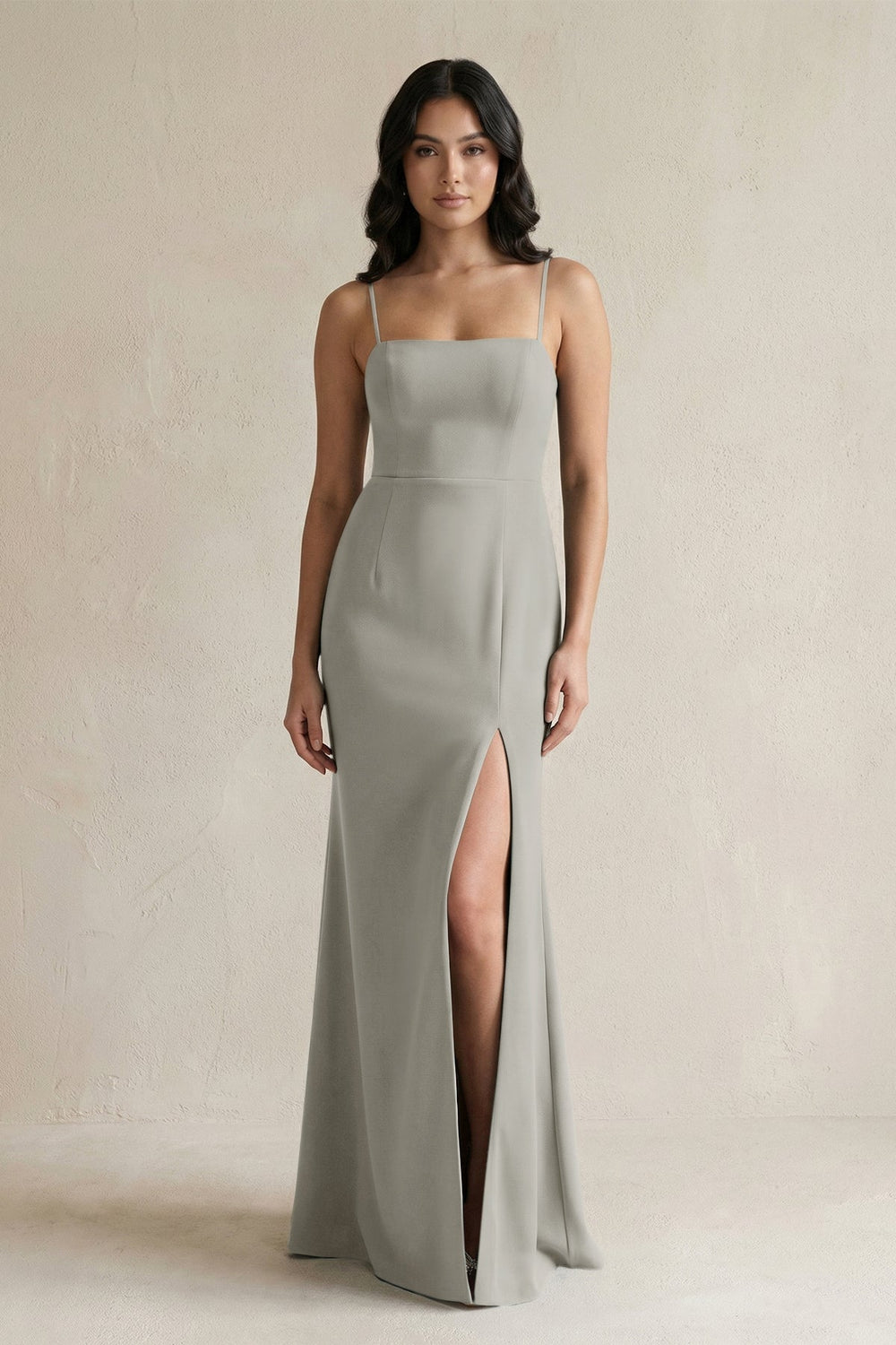 Spaghetti Straps Sheath Stain Bridesmaid Dress With Slit in Silver - KISS BRIDAL Bridesmaid Dresses