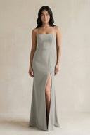 Spaghetti Straps Sheath Stain Bridesmaid Dress With Slit in Silver - KISS BRIDAL Bridesmaid Dresses