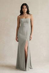 Spaghetti Straps Sheath Stain Bridesmaid Dress With Slit in Silver - KISS BRIDAL Bridesmaid Dresses