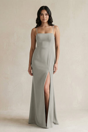 Spaghetti Straps Sheath Stain Bridesmaid Dress With Slit in Silver - KISS BRIDAL Bridesmaid Dresses