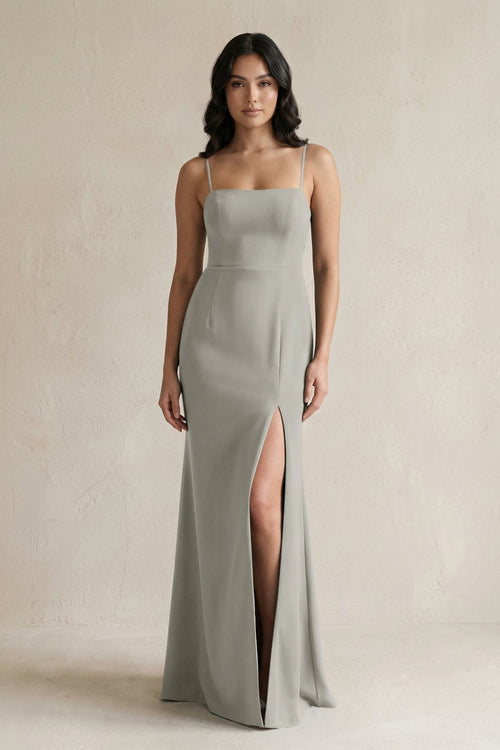 Spaghetti Straps Sheath Stain Bridesmaid Dress With Slit in Silver - KISS BRIDAL Bridesmaid Dresses