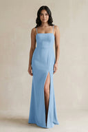 Spaghetti Straps Sheath Stain Bridesmaid Dress With Slit in Sky Blue - KISS BRIDAL Bridesmaid Dresses