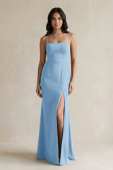 Spaghetti Straps Sheath Stain Bridesmaid Dress With Slit in Sky Blue - KISS BRIDAL Bridesmaid Dresses