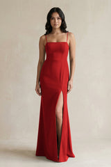 Spaghetti Straps Sheath Stain Bridesmaid Dress With Slit in Spice - KISS BRIDAL Bridesmaid Dresses