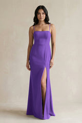 Spaghetti Straps Sheath Stain Bridesmaid Dress With Slit in Tahiti - KISS BRIDAL Bridesmaid Dresses