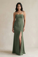 Spaghetti Straps Sheath Stain Bridesmaid Dress With Slit in Thyme - KISS BRIDAL Bridesmaid Dresses