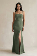 Spaghetti Straps Sheath Stain Bridesmaid Dress With Slit in Thyme - KISS BRIDAL Bridesmaid Dresses