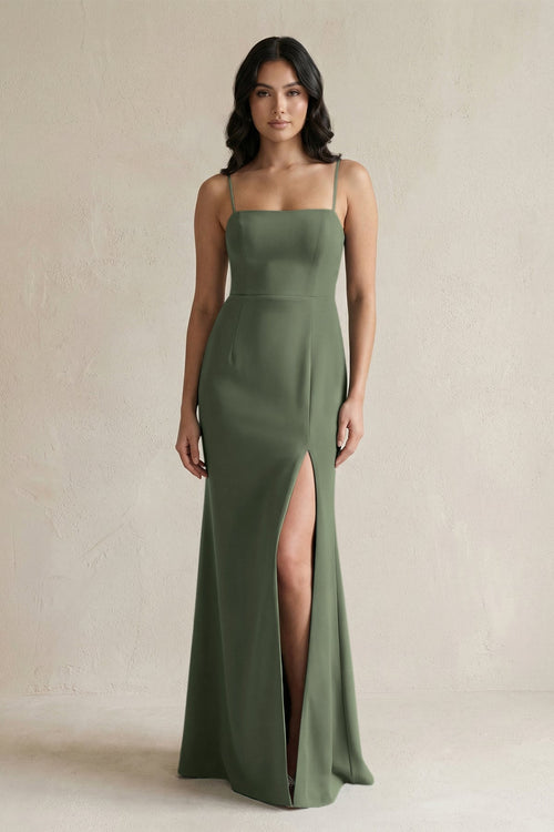 Spaghetti Straps Sheath Stain Bridesmaid Dress With Slit in Thyme - KISS BRIDAL Bridesmaid Dresses