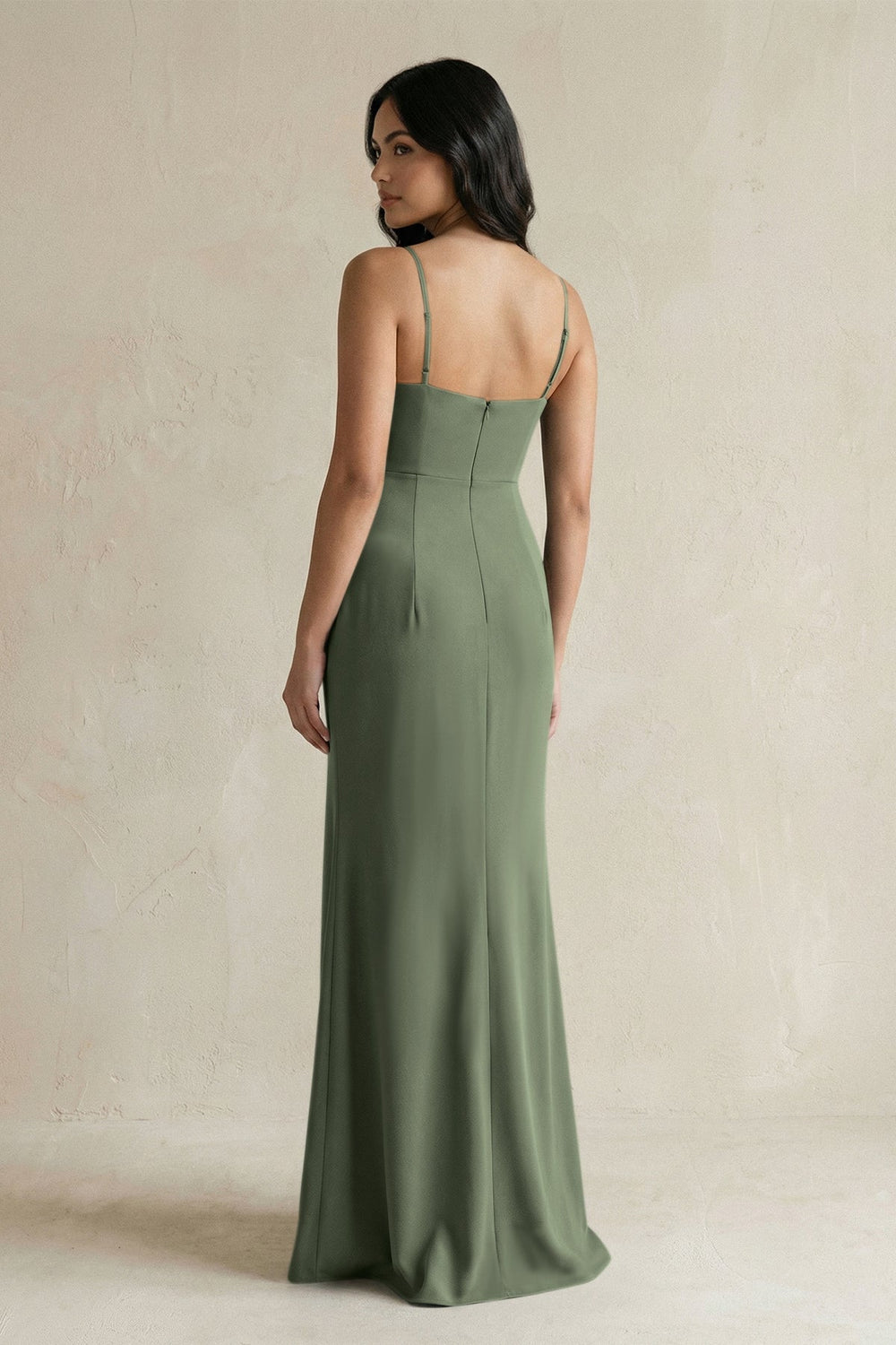 Spaghetti Straps Sheath Stain Bridesmaid Dress With Slit in Thyme - KISS BRIDAL Bridesmaid Dresses