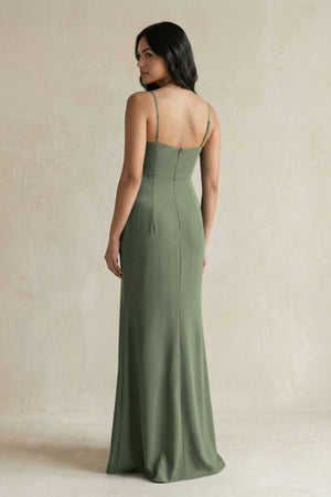 Spaghetti Straps Sheath Stain Bridesmaid Dress With Slit in Thyme - KISS BRIDAL Bridesmaid Dresses