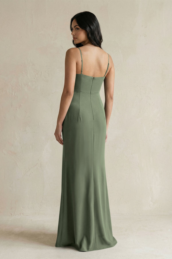 Spaghetti Straps Sheath Stain Bridesmaid Dress With Slit in Thyme - KISS BRIDAL Bridesmaid Dresses