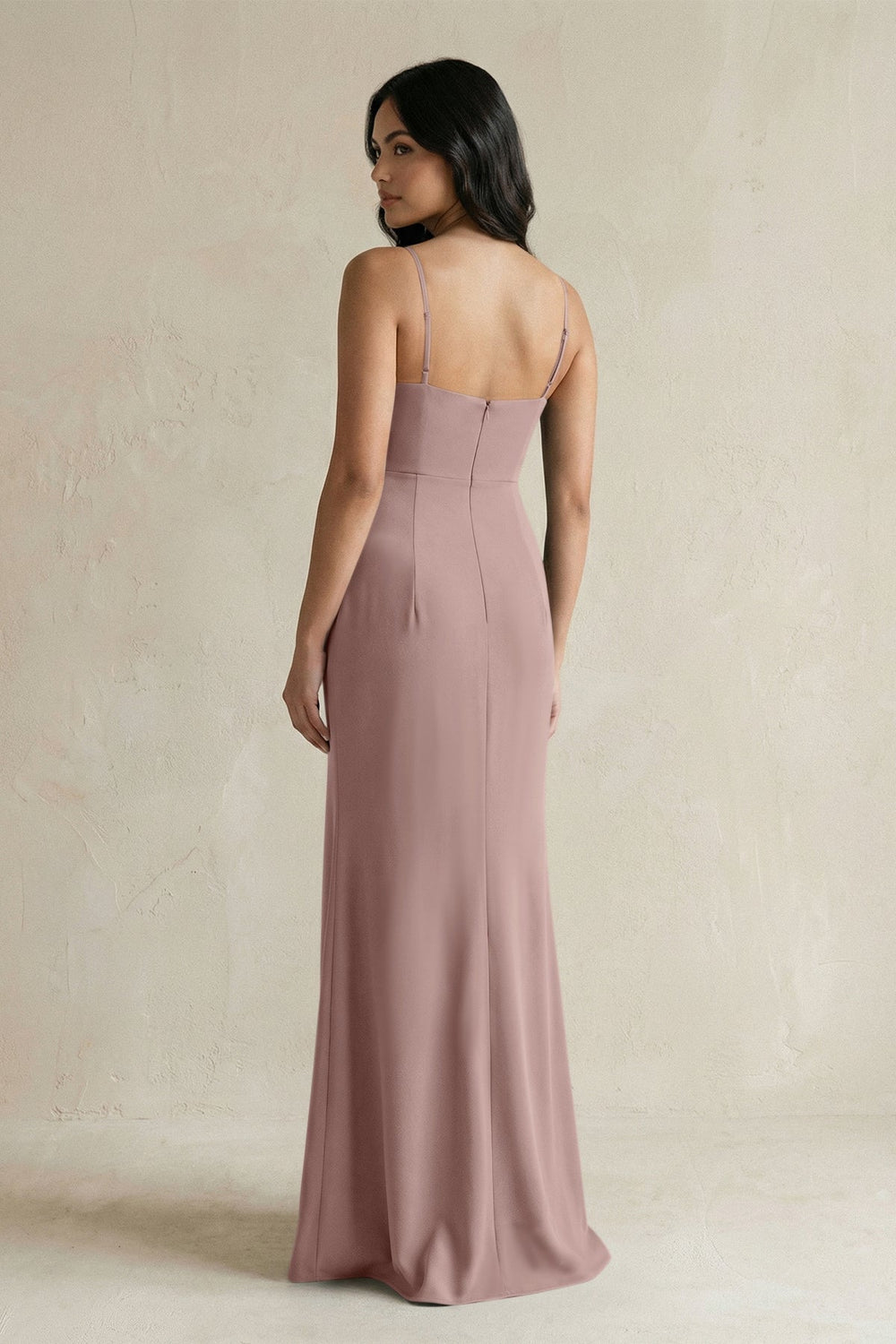 Spaghetti Straps Sheath Stain Bridesmaid Dress With Slit in Toffee - KISS BRIDAL Bridesmaid Dresses