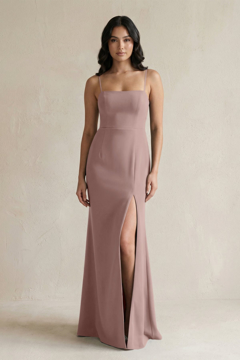 Spaghetti Straps Sheath Stain Bridesmaid Dress With Slit in Toffee - KISS BRIDAL Bridesmaid Dresses