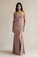 Spaghetti Straps Sheath Stain Bridesmaid Dress With Slit in Toffee - KISS BRIDAL Bridesmaid Dresses