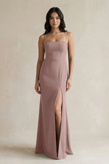 Spaghetti Straps Sheath Stain Bridesmaid Dress With Slit in Toffee - KISS BRIDAL Bridesmaid Dresses