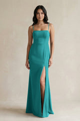 Spaghetti Straps Sheath Stain Bridesmaid Dress With Slit in Turquoise - KISS BRIDAL Bridesmaid Dresses