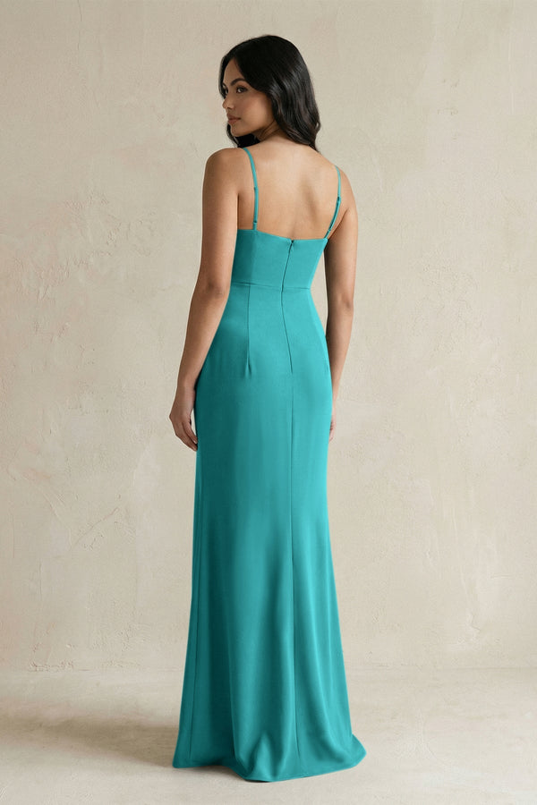 Spaghetti Straps Sheath Stain Bridesmaid Dress With Slit in Turquoise - KISS BRIDAL Bridesmaid Dresses