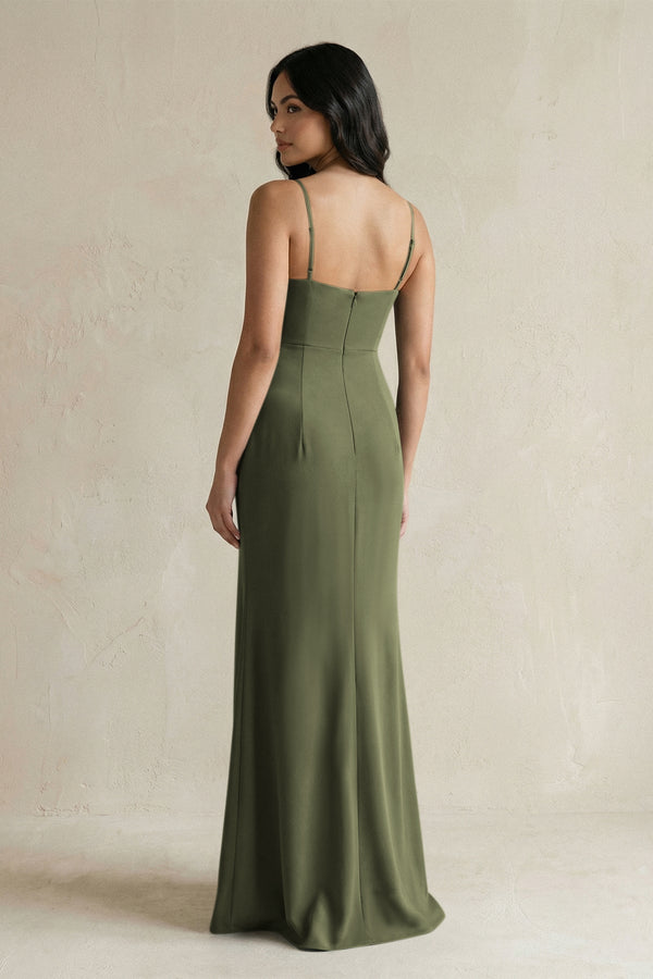 Spaghetti Straps Sheath Stain Bridesmaid Dress With Slit in Willow Green - KISS BRIDAL Bridesmaid Dresses