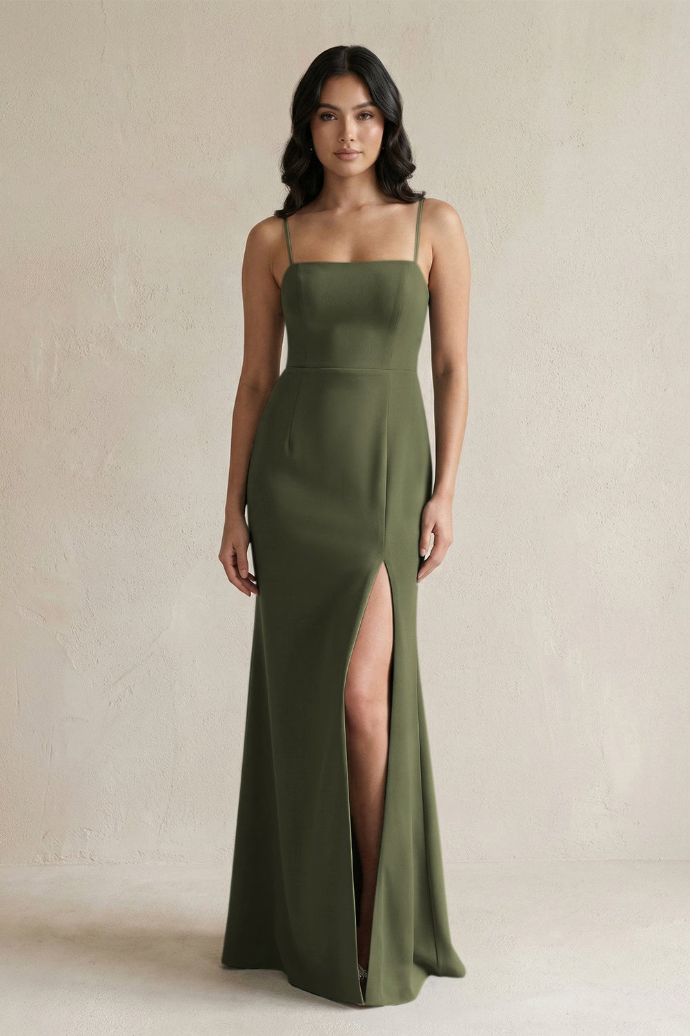 Spaghetti Straps Sheath Stain Bridesmaid Dress With Slit in Willow Green - KISS BRIDAL Bridesmaid Dresses