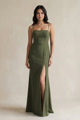 Spaghetti Straps Sheath Stain Bridesmaid Dress With Slit in Willow Green - KISS BRIDAL Bridesmaid Dresses