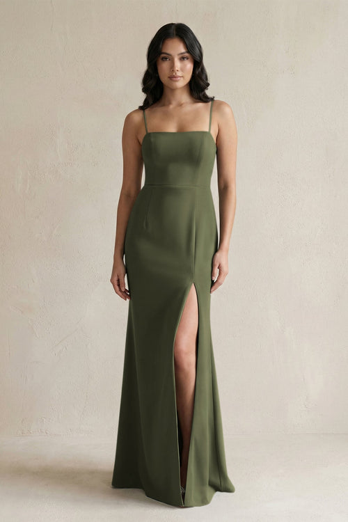 Spaghetti Straps Sheath Stain Bridesmaid Dress With Slit in Willow Green - KISS BRIDAL Bridesmaid Dresses