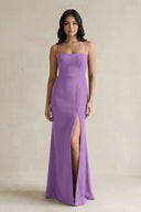 Spaghetti Straps Sheath Stain Bridesmaid Dress With Slit in Wisteria - KISS BRIDAL Bridesmaid Dresses