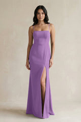 Spaghetti Straps Sheath Stain Bridesmaid Dress With Slit in Wisteria - KISS BRIDAL Bridesmaid Dresses