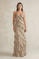 Spaghetti Straps Sheath Stain Ruffled Bridesmaid Dress in Almond - KISS BRIDAL Bridesmaid Dresses