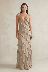 Spaghetti Straps Sheath Stain Ruffled Bridesmaid Dress in Almond - KISS BRIDAL Bridesmaid Dresses